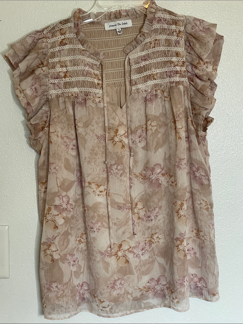 Jacqui E Blush Beige Floral Ruffle Sleeve Top